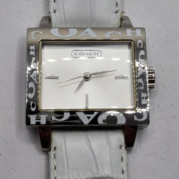 Coach Accessories - Coach white square rectangle leather watch silver logo motif women's ladies